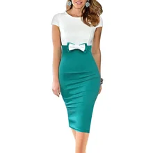 Women Colorblock Summer Dress Lady Female Business Work Short Sleeve O Neck Bow Pencil Sheath Midi Dresses vestido de festa