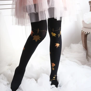 

Japanese style Sweet Lolita tights black white Maple leaf pattern stockSilk stockings 1order=1pc