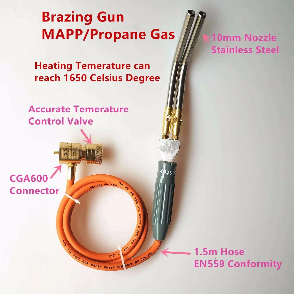 Brazing Gun Twin Pipes MAPP/Propane Gas 1.5m Hose for Brazing Soldering