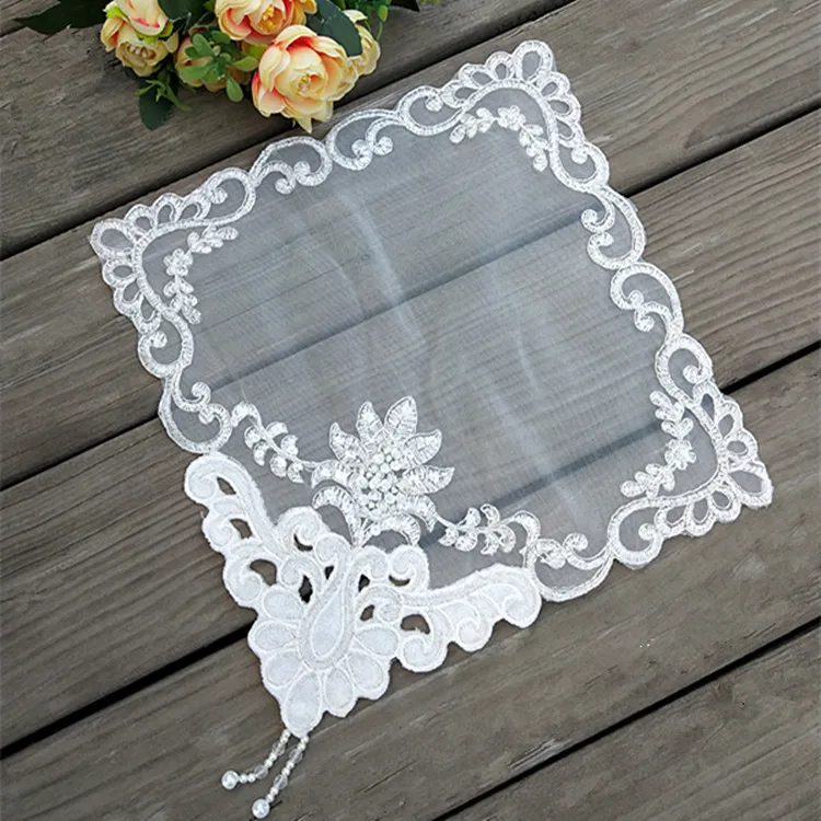 

Modern Tulle Lace Cover Towel embroidery beaded dish drying table mat coffee tea coasters set Wedding Christmas home decor T028