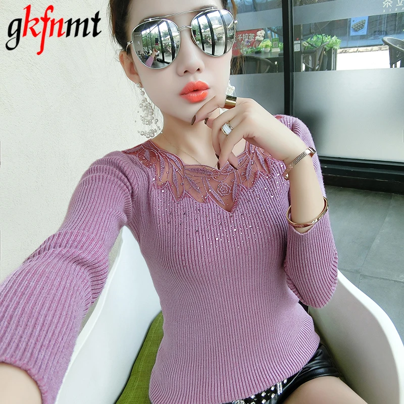 

Knitted Sweater Women 2018 Autumn Winter High Elastic Lace Patchwork Long Sleeve Women Sweaters And Pullovers Female Pull Femme