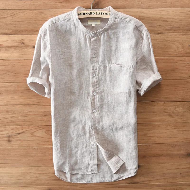 SHIFUREN New Summer Causal Men Shirts 100% Pure Linen Breathable Short Sleeve Mandarin Collar Shirts Size M-XXXL Male Clothing