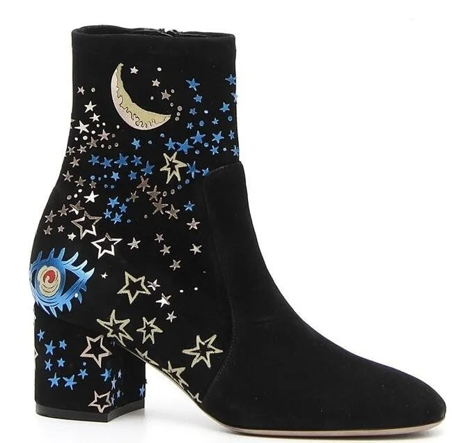 Newest Black Couture Suede Mid-High Star Moon Deaoration Side Zipper Boots Women Spring And Autumn Square Heel Pointed Toe Shoes