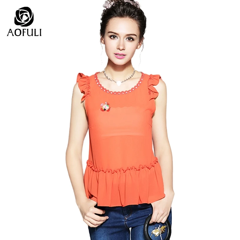 

L-5XL Women Diamond Chiffon Shirt Summer Big Size Casual Tops Ruffles Patchwork Sleeveless Shirt With Flower Corsage B5101