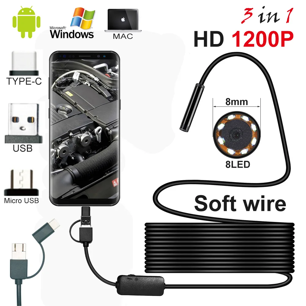 

Borescope Camera 8mm Len Inspection Pipe Android 3in1 Endoscope 2-10m USB Cable Searching Thing Camcorder IP68 Waterproof Camera