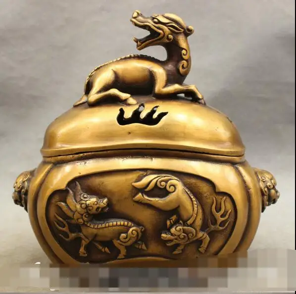 

S5307 8" Tibet Old Bronze Buddhism Dragon Unicorn Statue Lion Beast Box Incense Burner discount 30% (C0324)