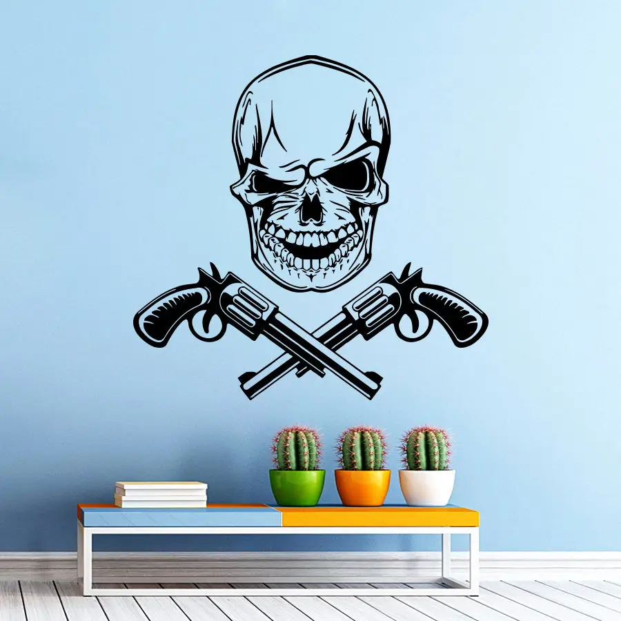 Skull Head With Revolver Weapon Wall Decal For Living Room Sale up to