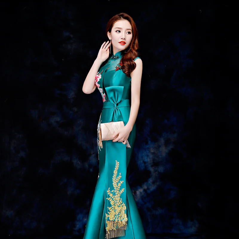 Традиционная вышивка для женщин Cheongsam Royal Lady Вечеринка платье с русалочкой пикантные без рукавов Qipao воротник стойка Vestidos