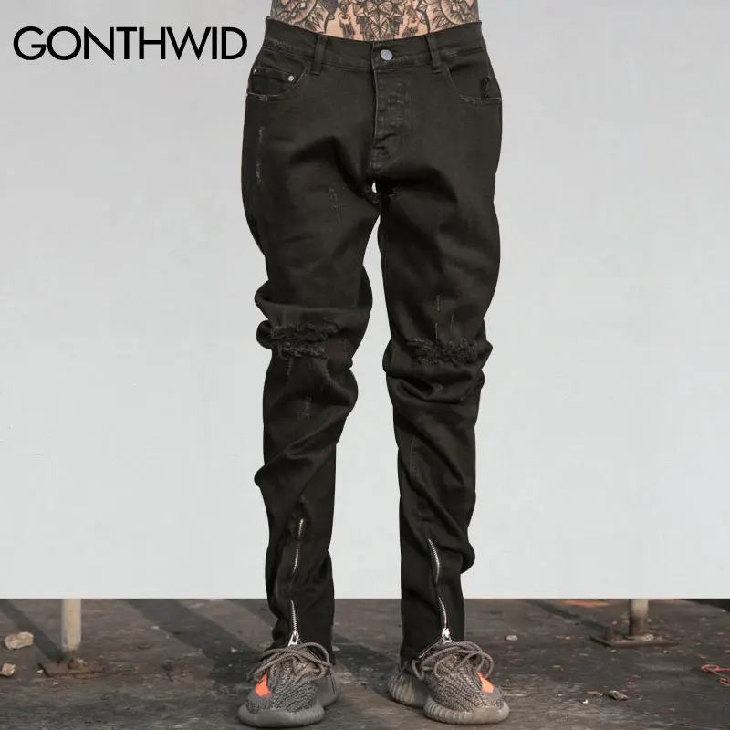 GONTHWID Black Knee Ripped Jeans Mens Ankle Zipper Biker Jeans 2017 Hip