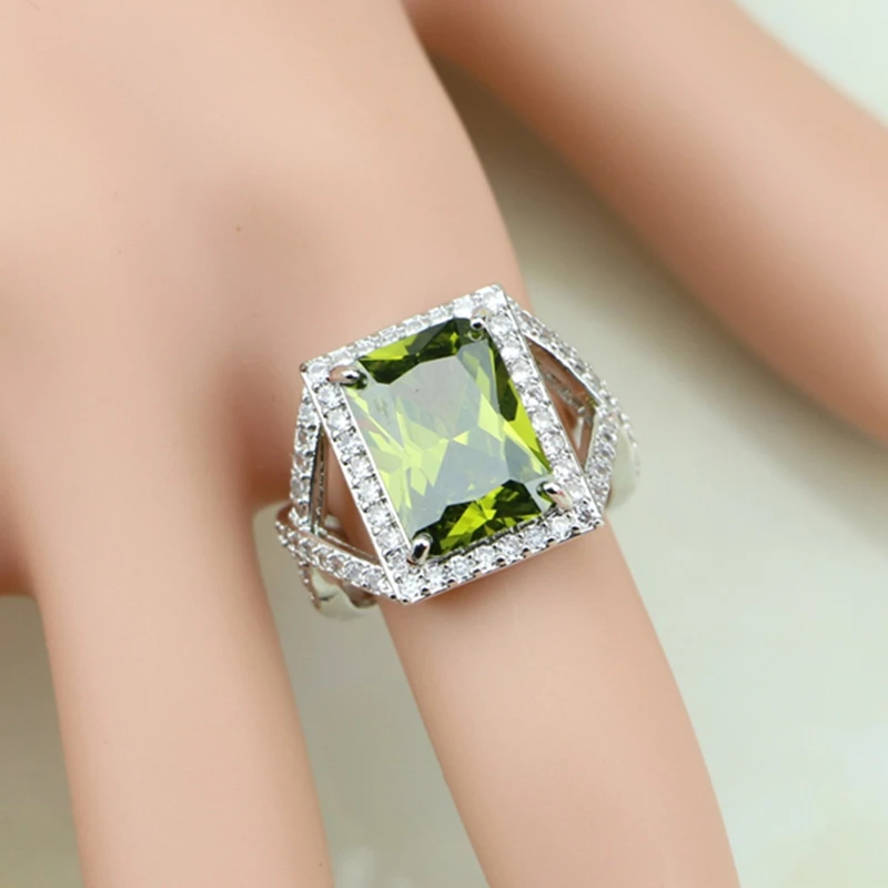 

Square Precious 925 Sterling Silver Ring Olive Green Zircon White CZ For Women Wedding Wedding/Engagement/Party/Gifts Ring
