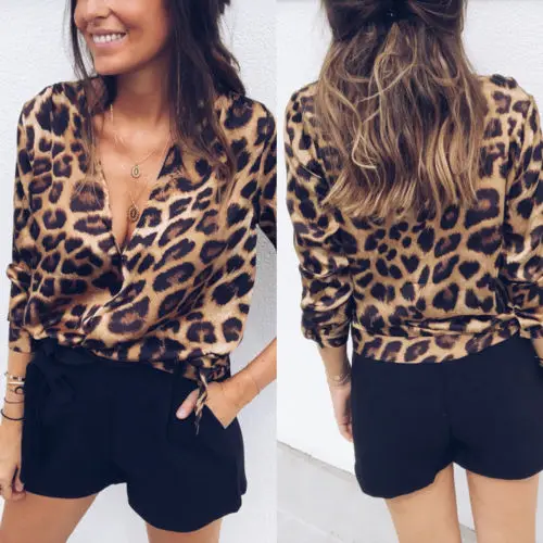 Сексуальная Женская леопардовая блузка, праздничный Топ с длинным рукавом, новинка, осень, глубокий v-образный вырез, Леопардовый принт, Пляжная женская блузка, рубашки, S-XL