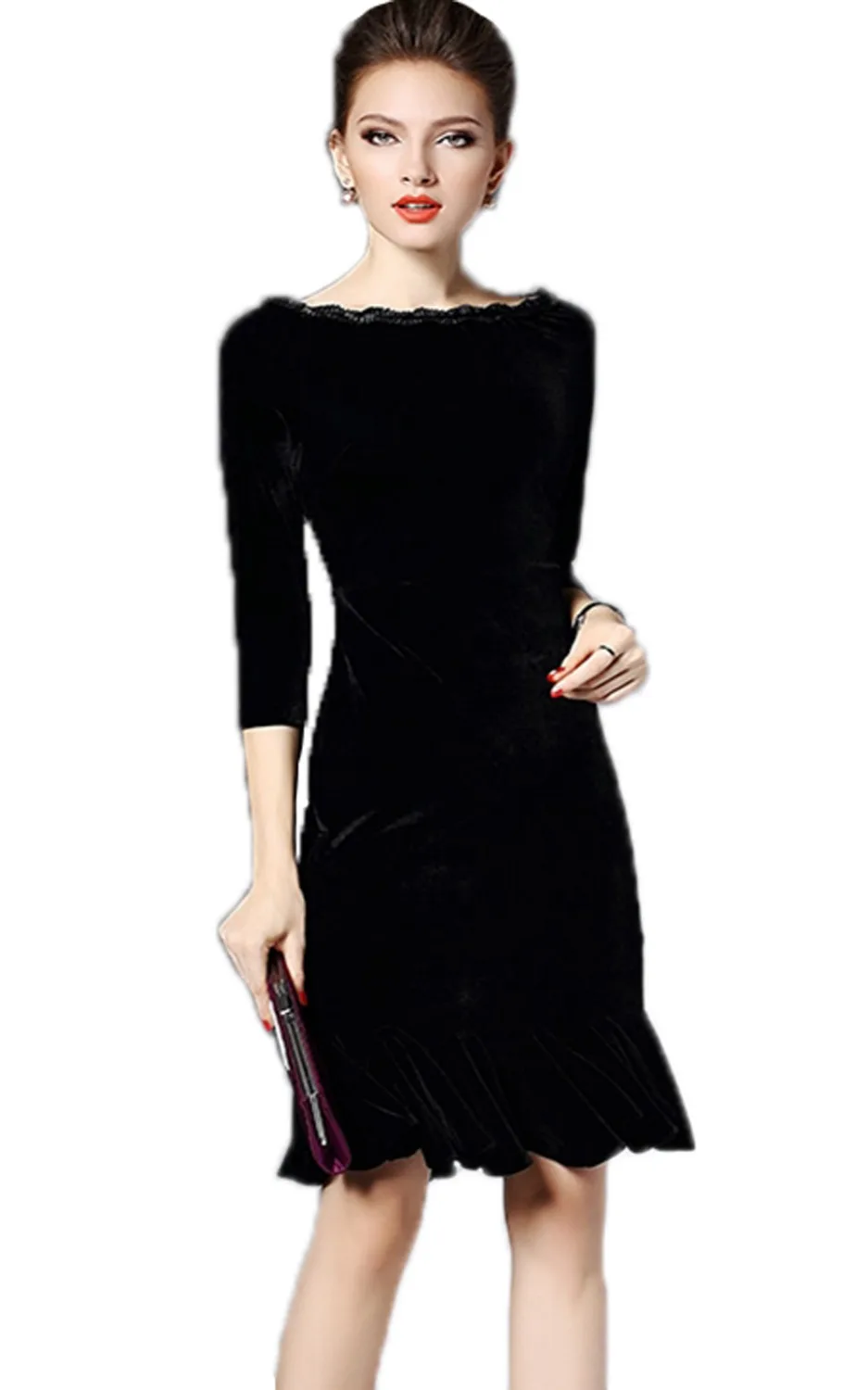 Top Quality Black 3/4 Sleeve Velvet Boat Neck Flounce Midi Dress For