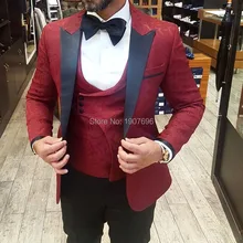 Burgundy Jacquard Pattern Wedding Mens Suits for Groom Tuxedos 2018 Three Piece Jacket Vest Black Pants Slim Fit Custom Suit