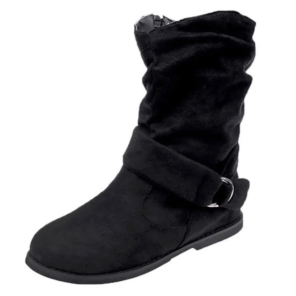 

Women Flat Heel Buckle PU Leather Zipper Vintage Boots Extra Wide Ankle Autumn