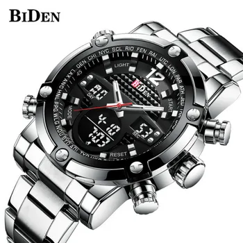 

BIDEN 2018 Military Quartz Watch Men's Double Movement Chronograph Alarm LED Male Clock Stainless Steel Waterproof Stopwatch