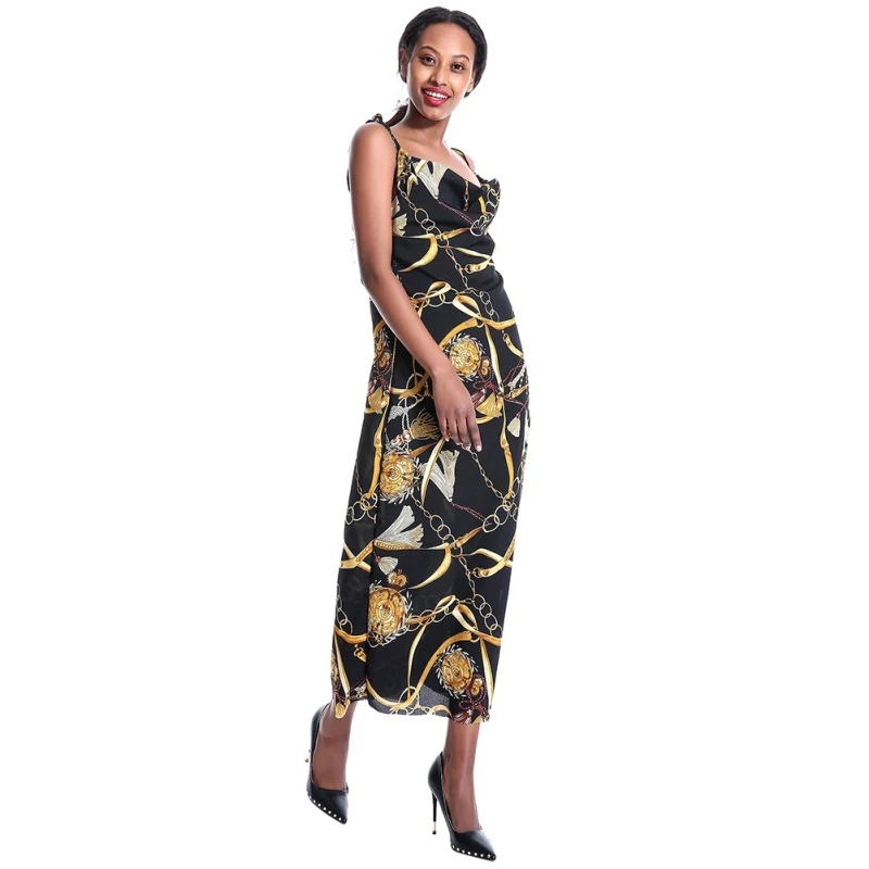 

Sexy Spaghetti Straps Chain Print Dress Women Casual Sleeveless Backless Clubwear Party Dresses Women 2019 New Summer Dress