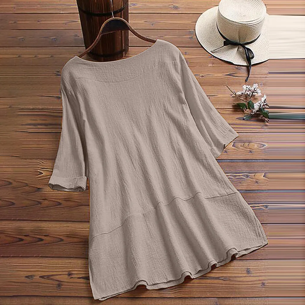 Женская блуза больших размеров, винтажная, однотонная, с круглым вырезом, короткий рукав, Свободный Топ, blusas mujer de moda,, Женские топы и блузки, S-5XL