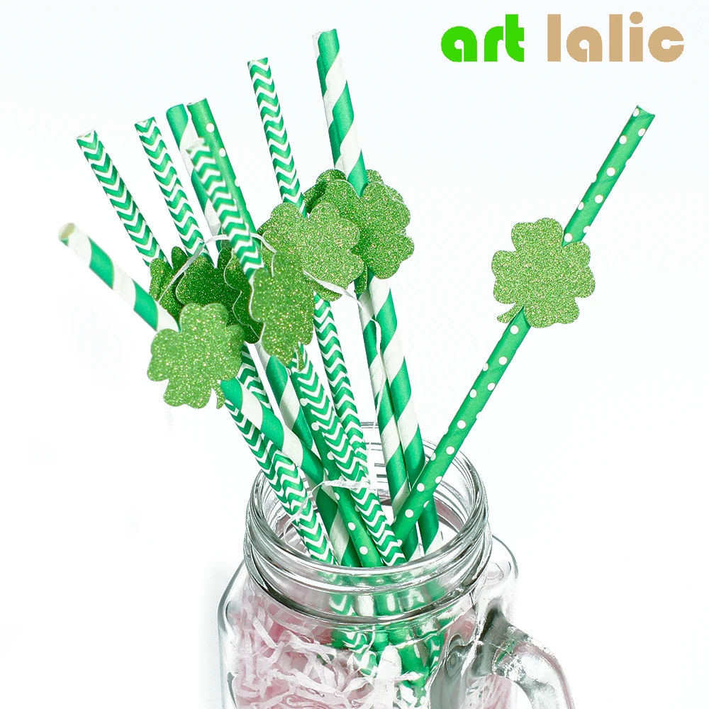 

Green Dot Stripe Chevron Paper Straw with Glitter Shamrock Clover Paper Straws St. Patrick's Day Wedding Birthday Decor CP017