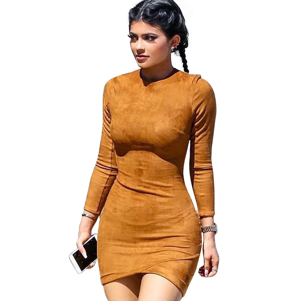 faux suede vintage bodycon solid leather dress women casual long