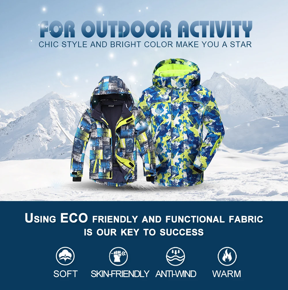 Phibee/Зимний лыжный костюм для мальчиков; лыжные куртки; детская одежда; теплое водонепроницаемое ветрозащитное пальто; дышащая одежда для детей