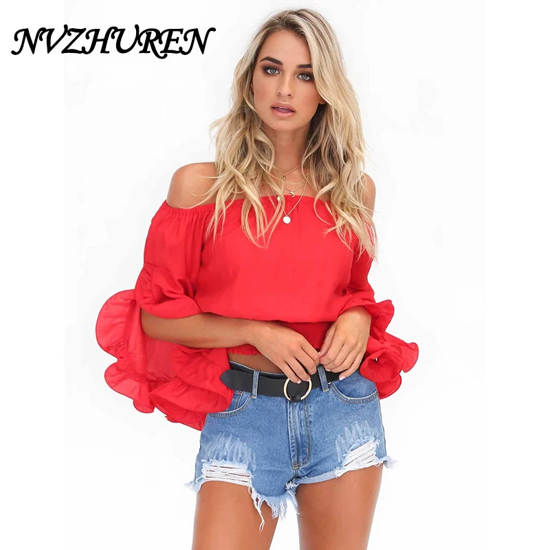 NVZHUREN Off Shoulder Red Ruffles Blouse Women Sexy Red Tops Long Flare