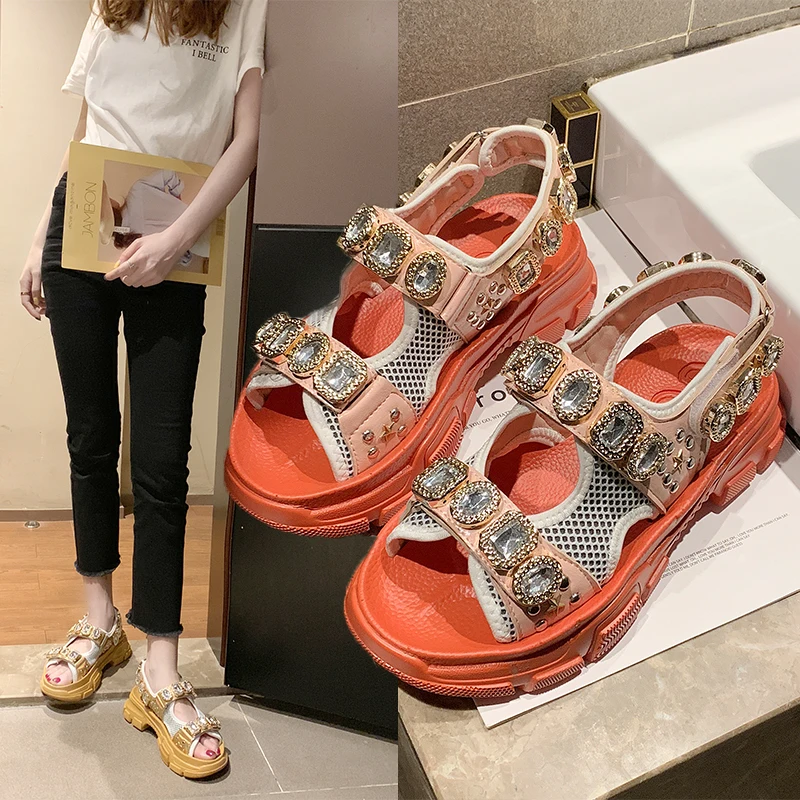 

2019 Gladiator Shoes Women Summer New design hook-loop luxury Rhinestone Open Toe Wedge Sandals Platform Shoes sandalia feminina
