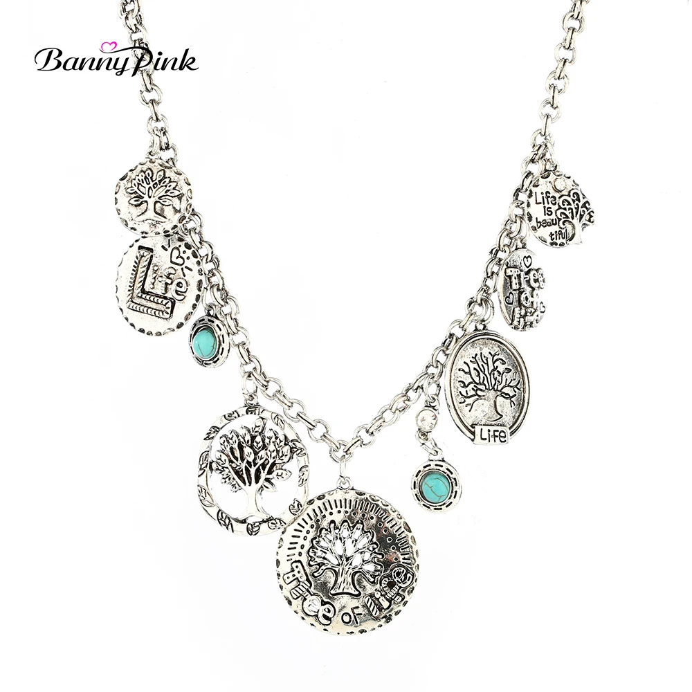 

Banny Pink Chunky Life Is Beautiful Pendant Choker Necklace For Women Vintage Life Trees Statement Choker Collar Fashion Jewelry