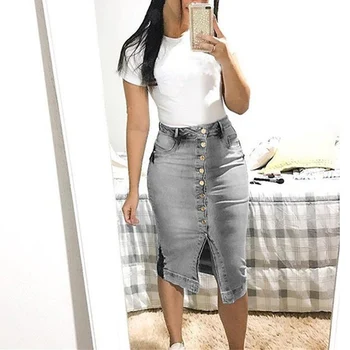 

2019 Summer Women Slim Jeans Skirts Women High Waist Split Denim Skirts Female Knee Length Button Bodycon Skirt