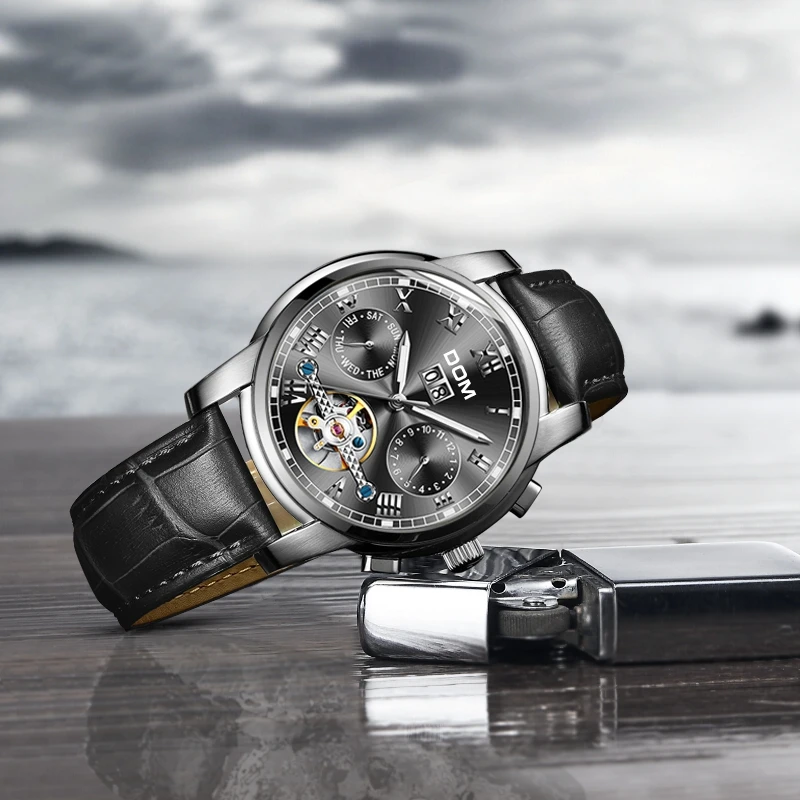 Часы DOM Skeleton Tourbillon Мужские Автоматические классические черные кожаные