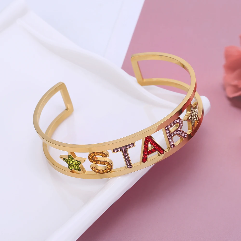 

Colorful Crystal Stainless Steel Bangles Letter Star Gold Rose Steel Color Women Bracelets & Bangles Fashion Jewelry Gifts 2019