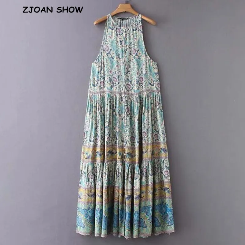 

2019 New Bohemian Open Buttons O neck Side Split Peacock Floral print Dress Woman Maxi Long Sleevless Dresses Femme Vestidos