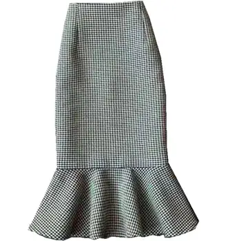 

plus size 2XL!fashion women woolen skirts 2020winter retro houndstooth mermaid skirt trumpet high waist skirts