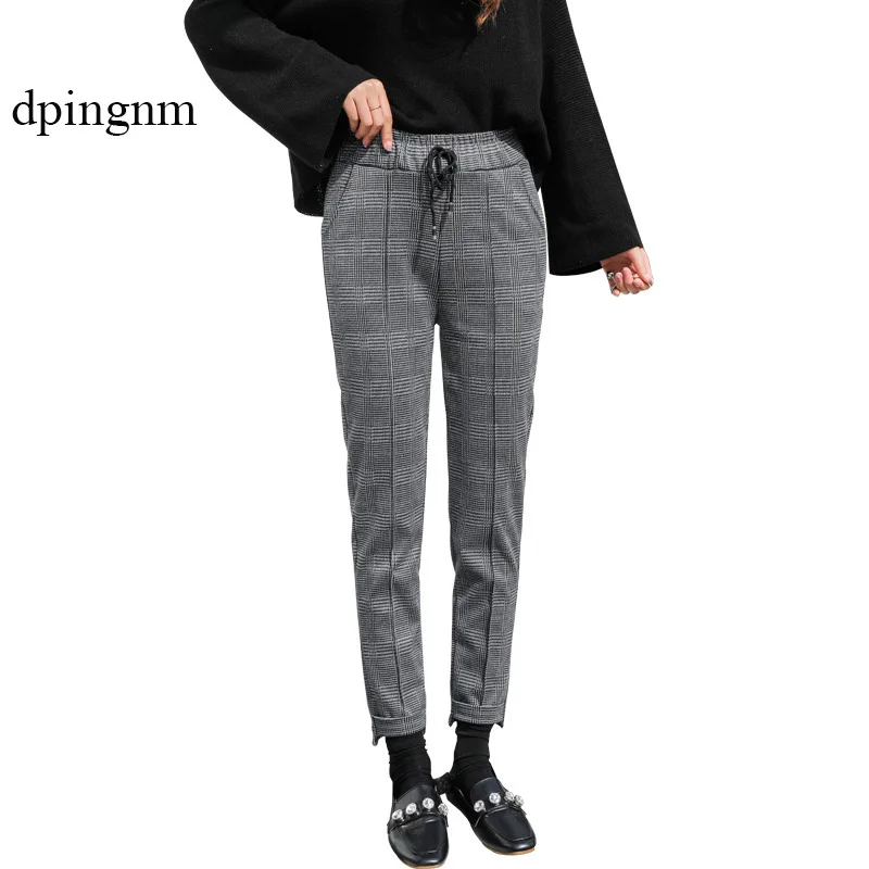 Spring 2019 new checked Hallen nine-point pencil pants Korean version of high-waist straight-barrel trousers | Женская одежда