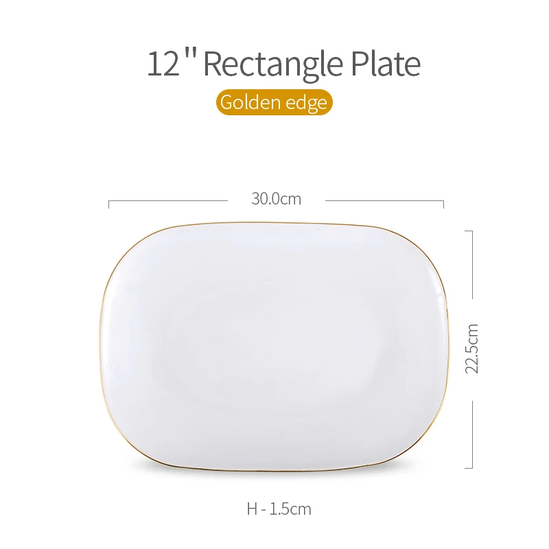 Golden Edge Square White Opal Glass Porcelain Deep Plates Dishes Tableware Steak Salad Bowl Breakfast Dish Plate - Color: G. 12 RectanglePlate