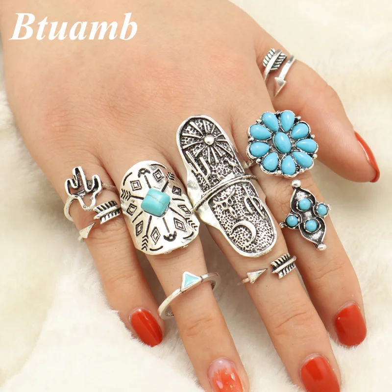 Btuamb 8 pcs/set Bohemian Natural Stone Beads Midi Finger Rings Set