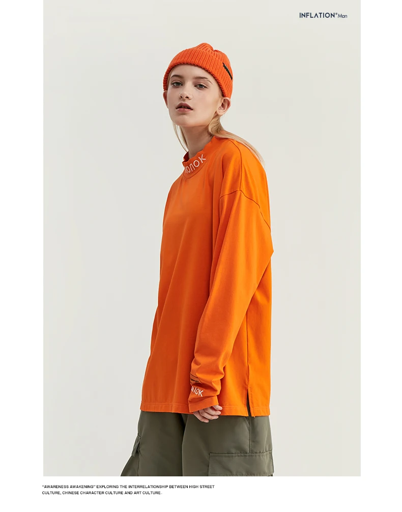 Футболка с длинным рукавом, уличная футболка со стоячим воротником в стиле ретро, пуловер для мужчин и женщин, футболка в стиле хип-хоп с оранжевой вышивкой 8702W