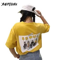 Женская футболка Harajuku летняя хлопковая футболка с коротким рукавом карман Сеул Печать Топ BF Стиль Ulzzang футболка для девочек
