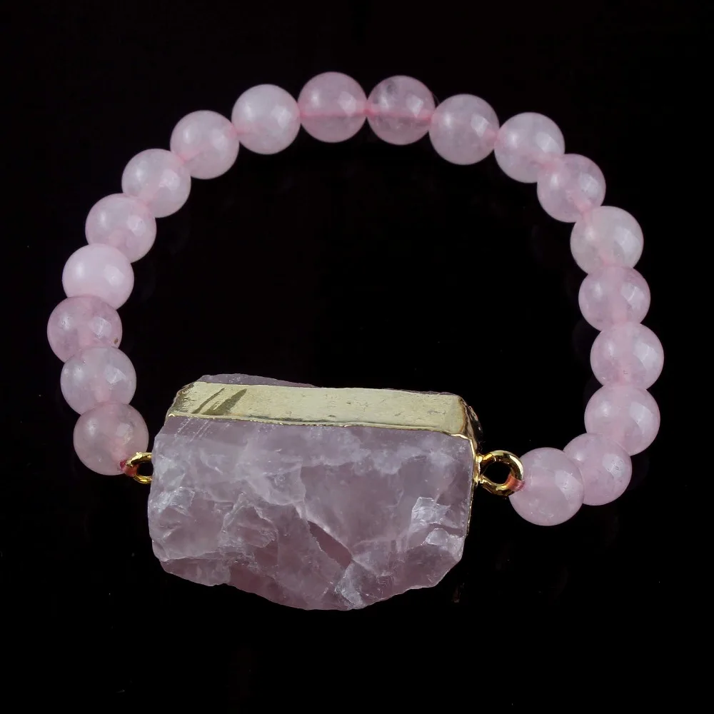 

Kraft-beads Light Yellow Gold Color Irregular Shape Stone Connect Round Beads Natural Rose Pink Quartz Bracelet