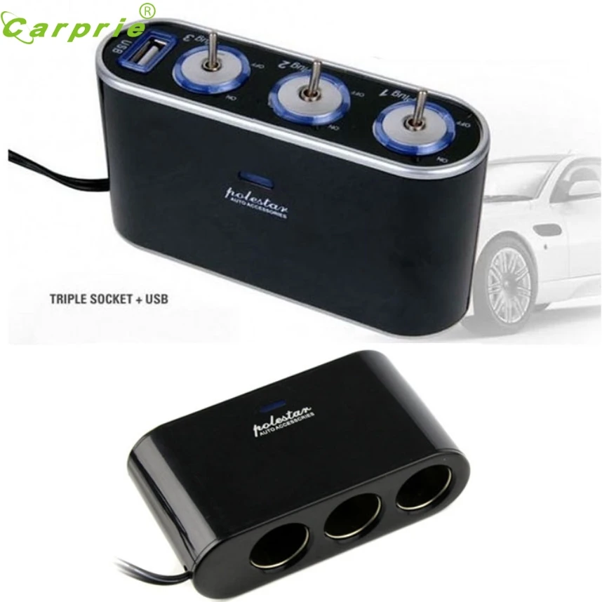 

CARPRIE 3 Way Triple Car Cigarette Lighter Socket Splitter 12V/24V +USB+LED Light Switch Jun.6