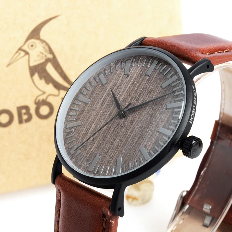 BOBO BIRD WE25 Mens Watch with Metal Case Wooden Dial Face Soft Leather Band Quartz Watches for Men Women
