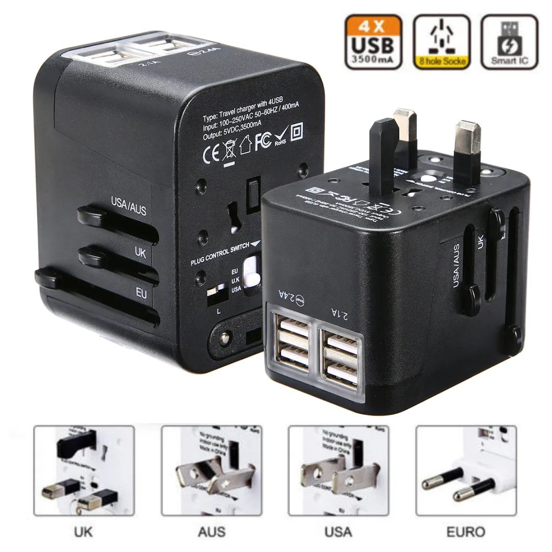 

1pc Universal International Plug Adapter 4 USB Port Portable World Travel Adapter Charger All in One Mayitr