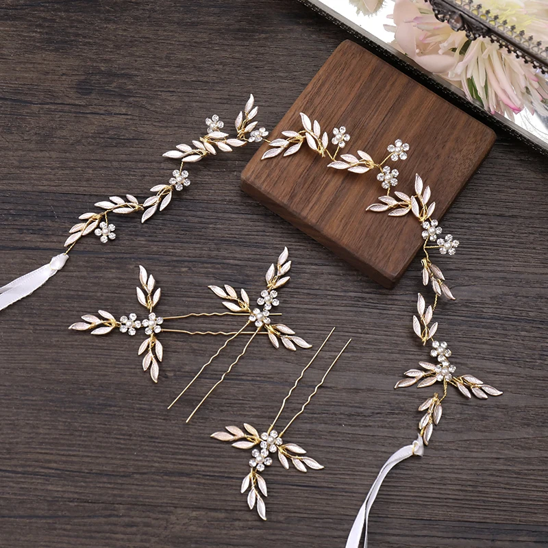 

4 Pcs/Set Gold Color Wedding Hair Accessories Pearl Crystal Headbands Hairpins Leaves Flower Handmade Women Bridal Hair Jewelry