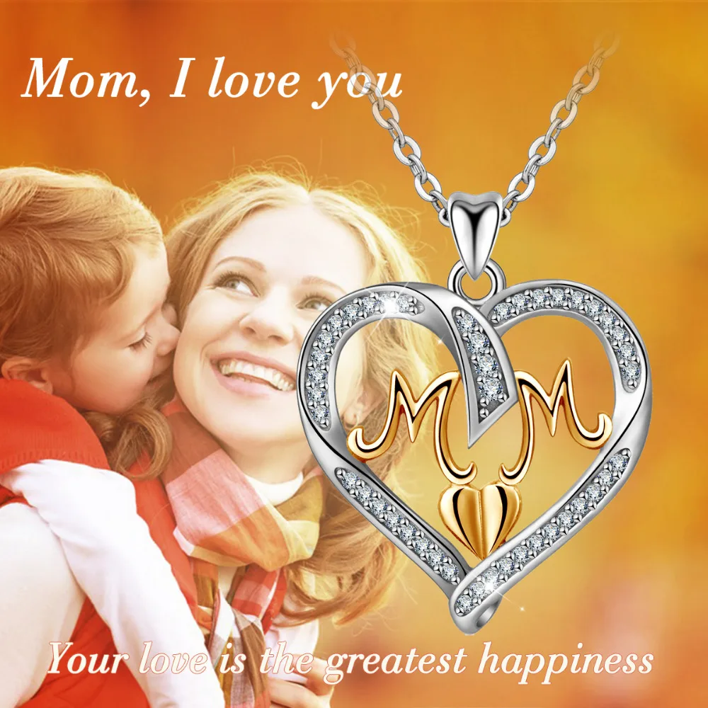 Angel Caller 925 Sliver Mom Necklace Gold Heart Cubic Zirconia Necklace