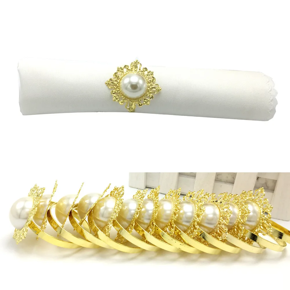 

Free Shipping,50pcs/lot Golden Antique Fauxl Pearl Napkin Rings Serviette Holder For Wedding Party Banquet Adornment