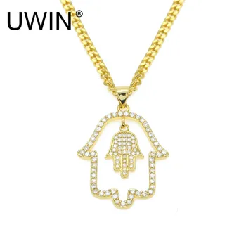 

UWIN Gold Color Double Hamsa Hand Pendant AAA CZ Rhinestone Copper Material Luck Hand Palm hollow Necklace Chain Women Jewelry