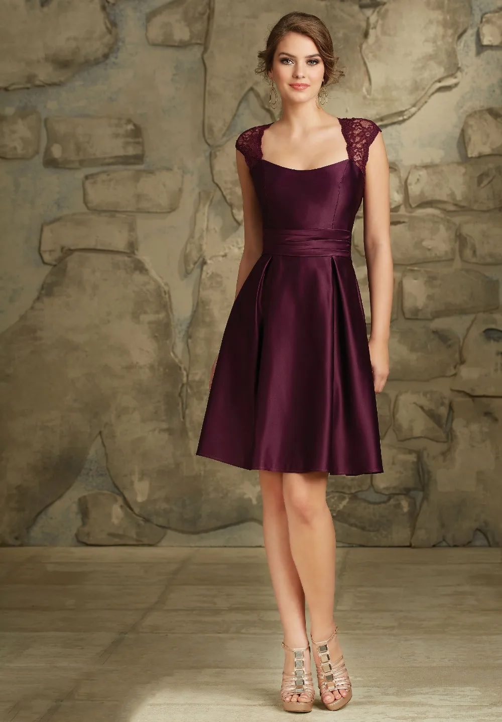Burgundy A Line Satin Lace Wedding Party Dress with Cap Sleeves Plum Bridesmaid Dresses Knee