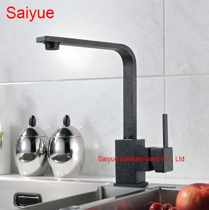 

360 Degree Rotating Black Marble Stone Painting Single Handle Deck Mounted Kitchen Cuisine Sink Faucet Hot and Cold Mixer Tap