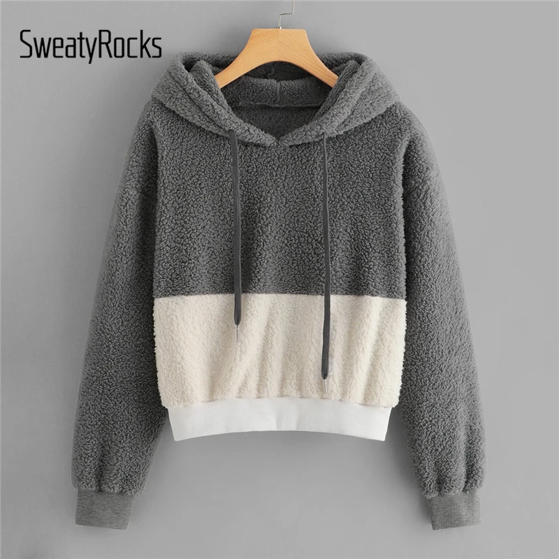

SweatyRocks Preppy Color-Block Hooded Teddy Sweatshirt Hoodies Long Sleeve Thicken Pullovers Tops 2018 Autumn Casual Sweatshirts
