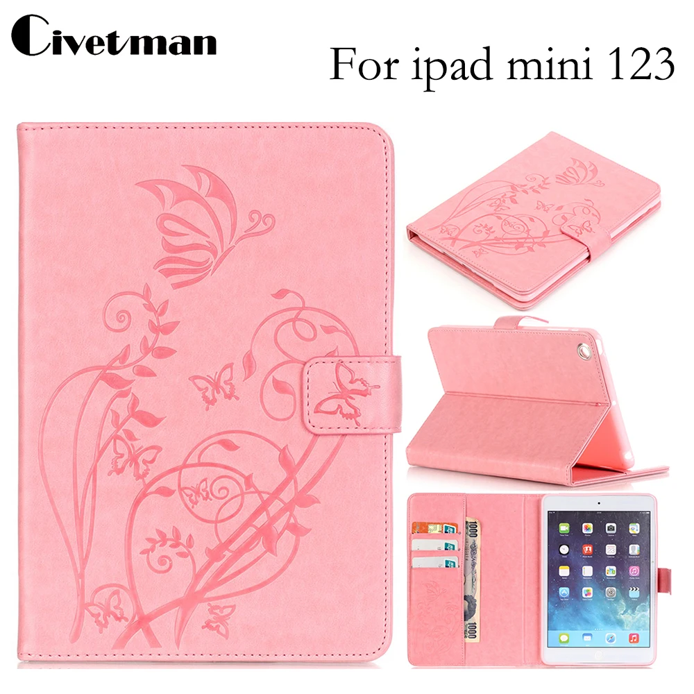 

Business Butterfly Flower Wallet Card PU Leather Flip Stand Cover Sleep/wake up Holder Case For Apple Ipad Mini 1 Mini 2 Mini 3