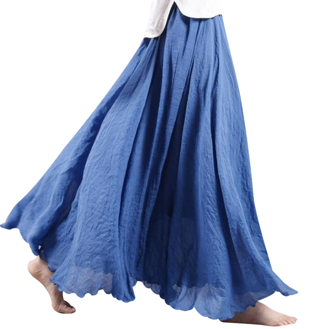 8 Colors Vintage Linen Cotton Skirts Women Elastic Waist Pleated Long